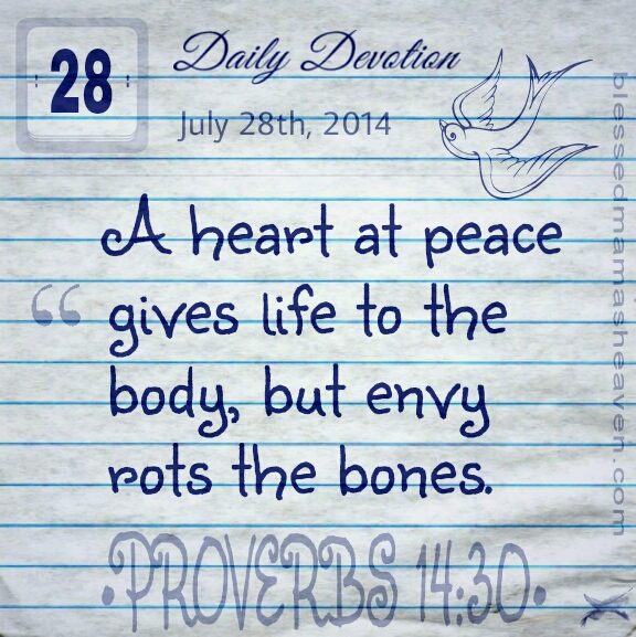 • Daily Devotion • July 28th • A heart at peace gives life to the body, but envy rots the bones • Proverbs 14:30 •