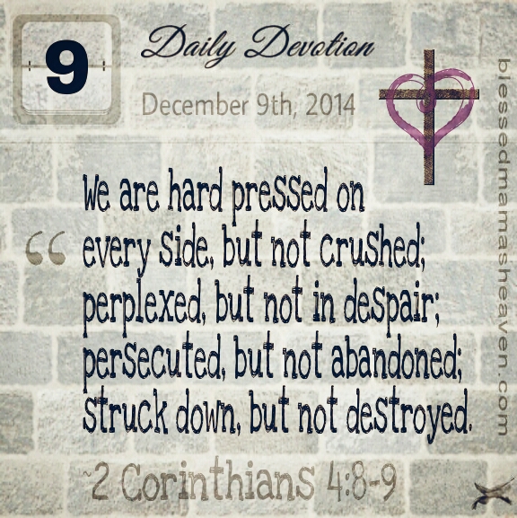 Daily Devotion • December 9th • 2 Corinthians 4:8-9  ~We are hard pressed on every side, but not crushed; perplexed, but not in despair; persecuted, but not abandoned; struck down, but not destroyed.